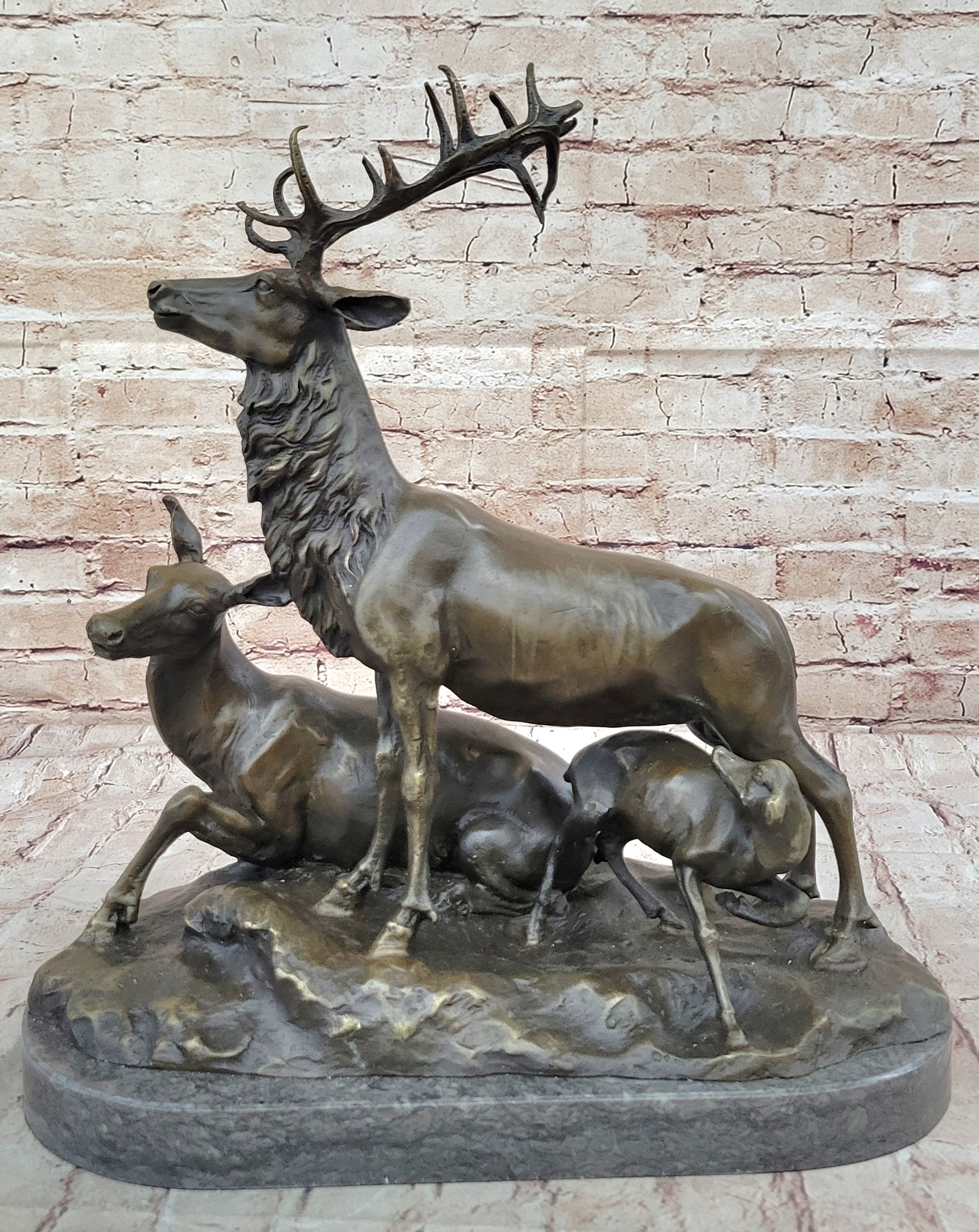 Bronze Deer Fawn Stag Buck Family Marble Figure