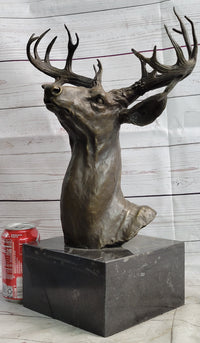 Elk Deer Reindeer Head Bronze Bust on Marble Base