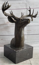 Elk Deer Reindeer Head Bronze Bust on Marble Base