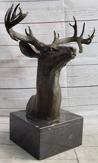 Elk Deer Reindeer Head Bronze Bust on Marble Base
