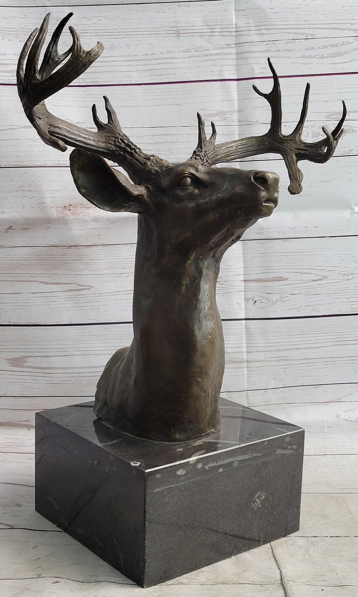 Elk Deer Reindeer Head Bronze Bust on Marble Base