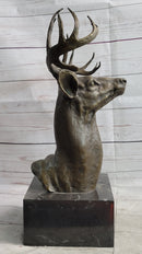 Elk Deer Reindeer Head Bronze Bust on Marble Base