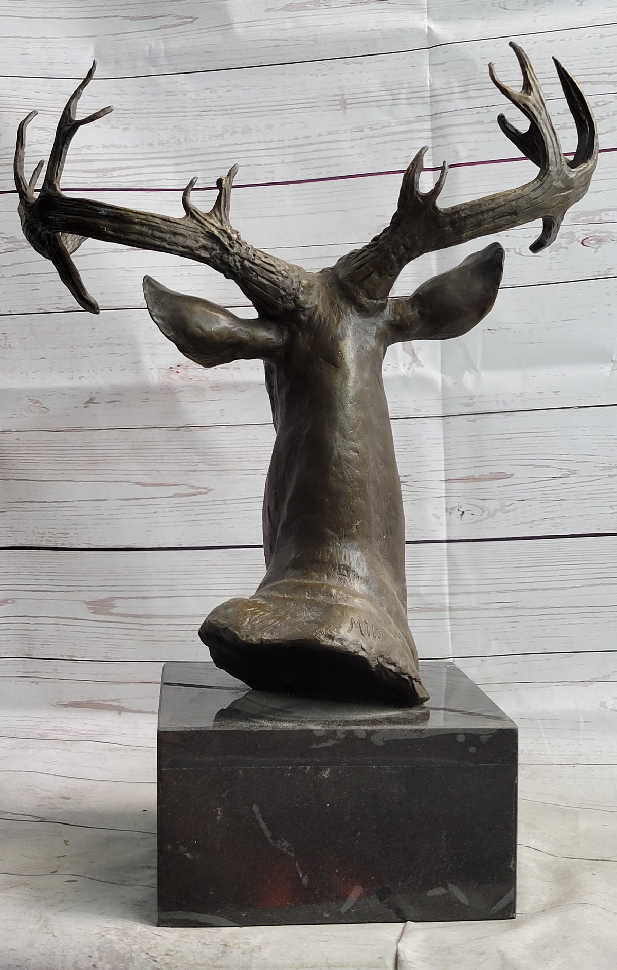 Elk Deer Reindeer Head Bronze Bust on Marble Base
