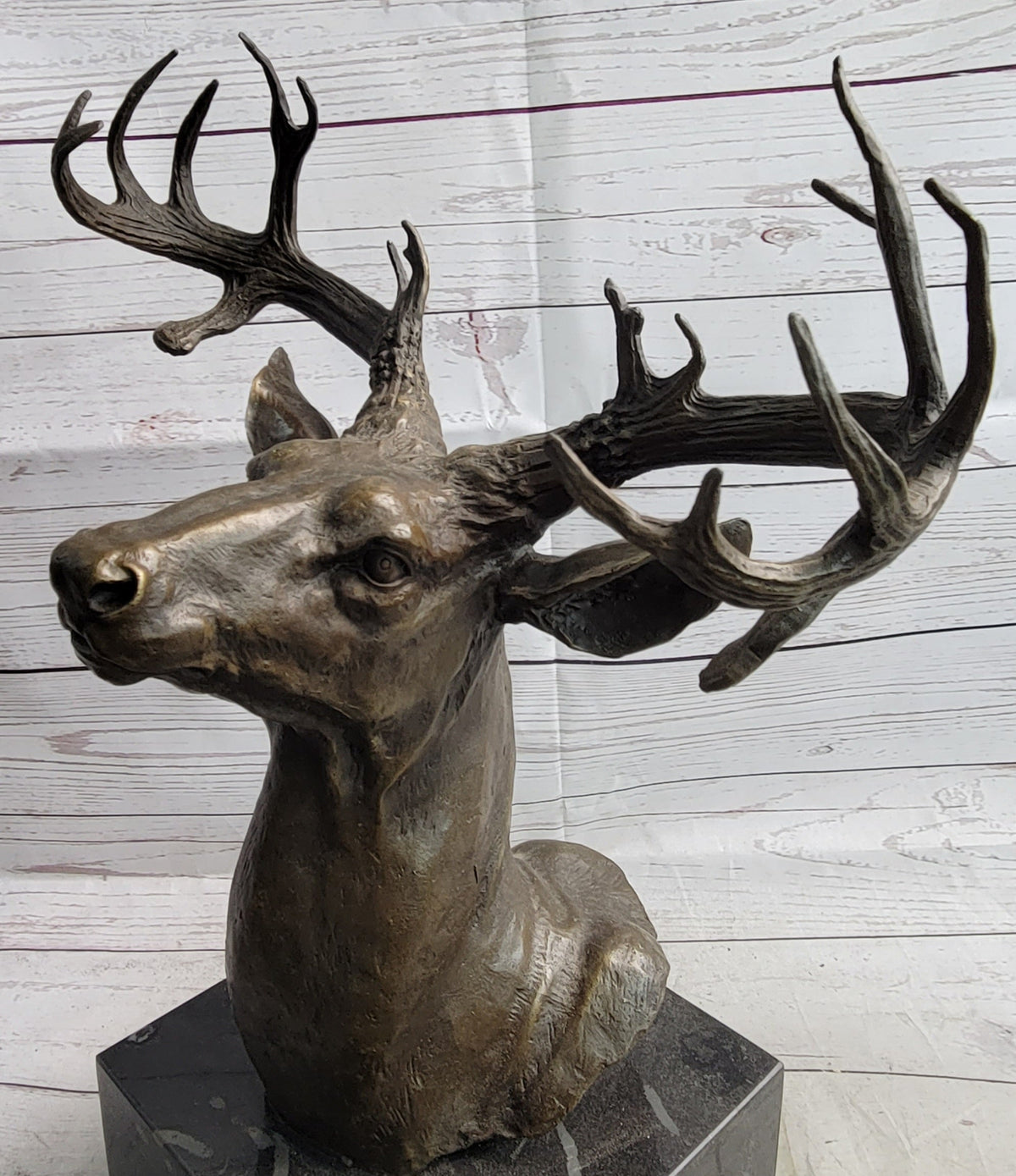 Elk Deer Reindeer Head Bronze Bust on Marble Base