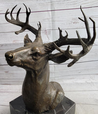 Elk Deer Reindeer Head Bronze Bust on Marble Base