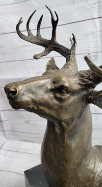 Elk Deer Reindeer Head Bronze Bust on Marble Base