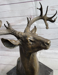 Elk Deer Reindeer Head Bronze Bust on Marble Base