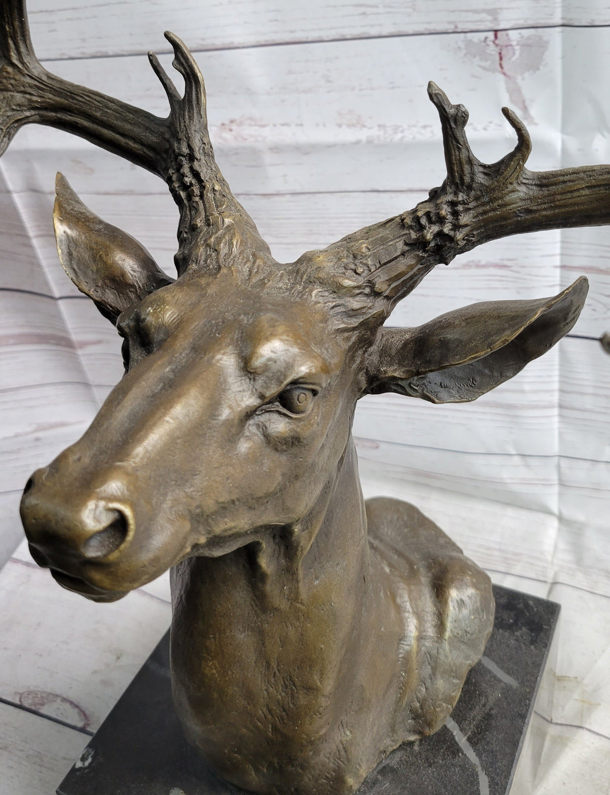 Elk Deer Reindeer Head Bronze Bust on Marble Base