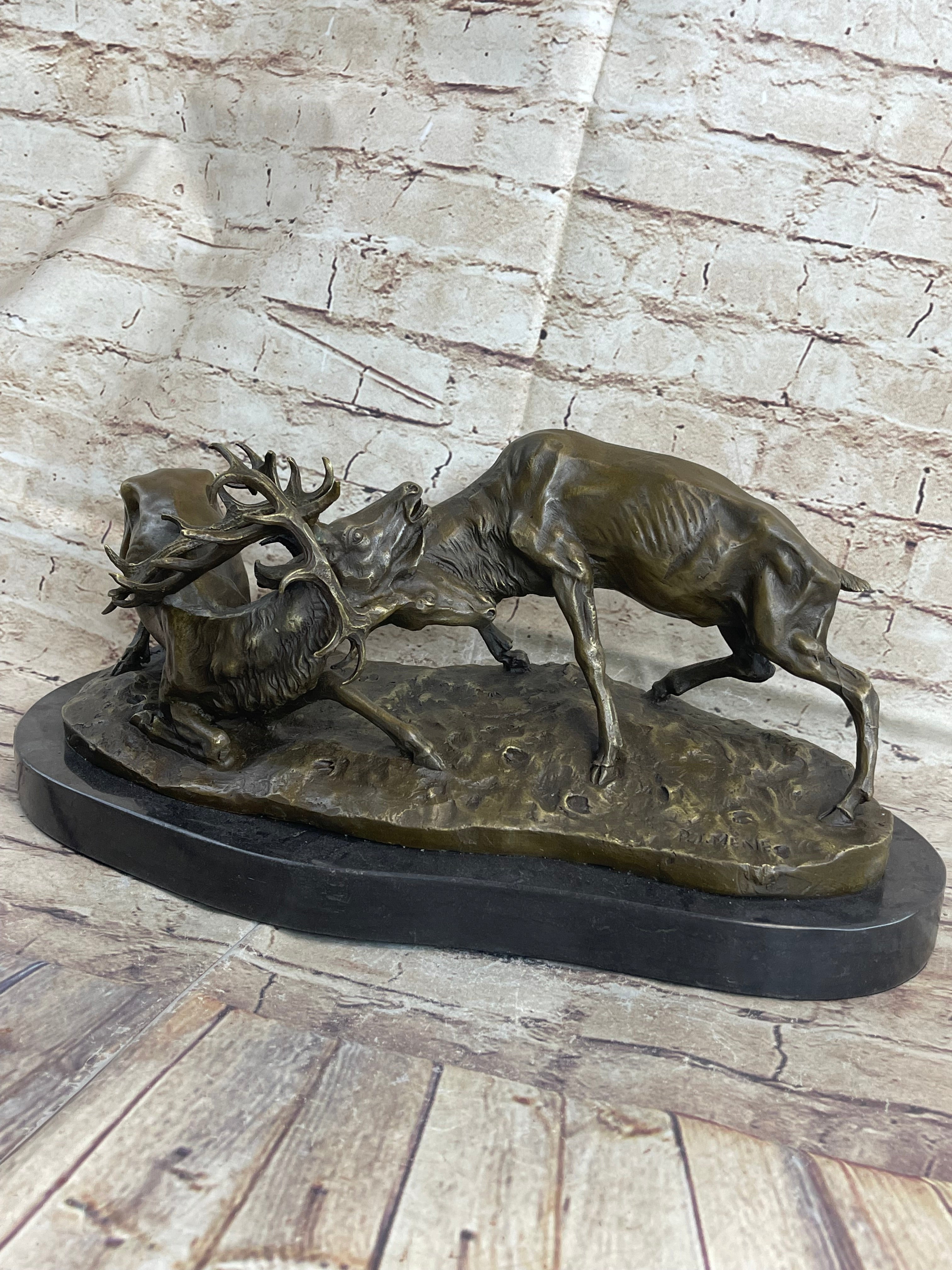 Jules Mene Stags Reindeer Elk Confrontation Bronze Marble Base