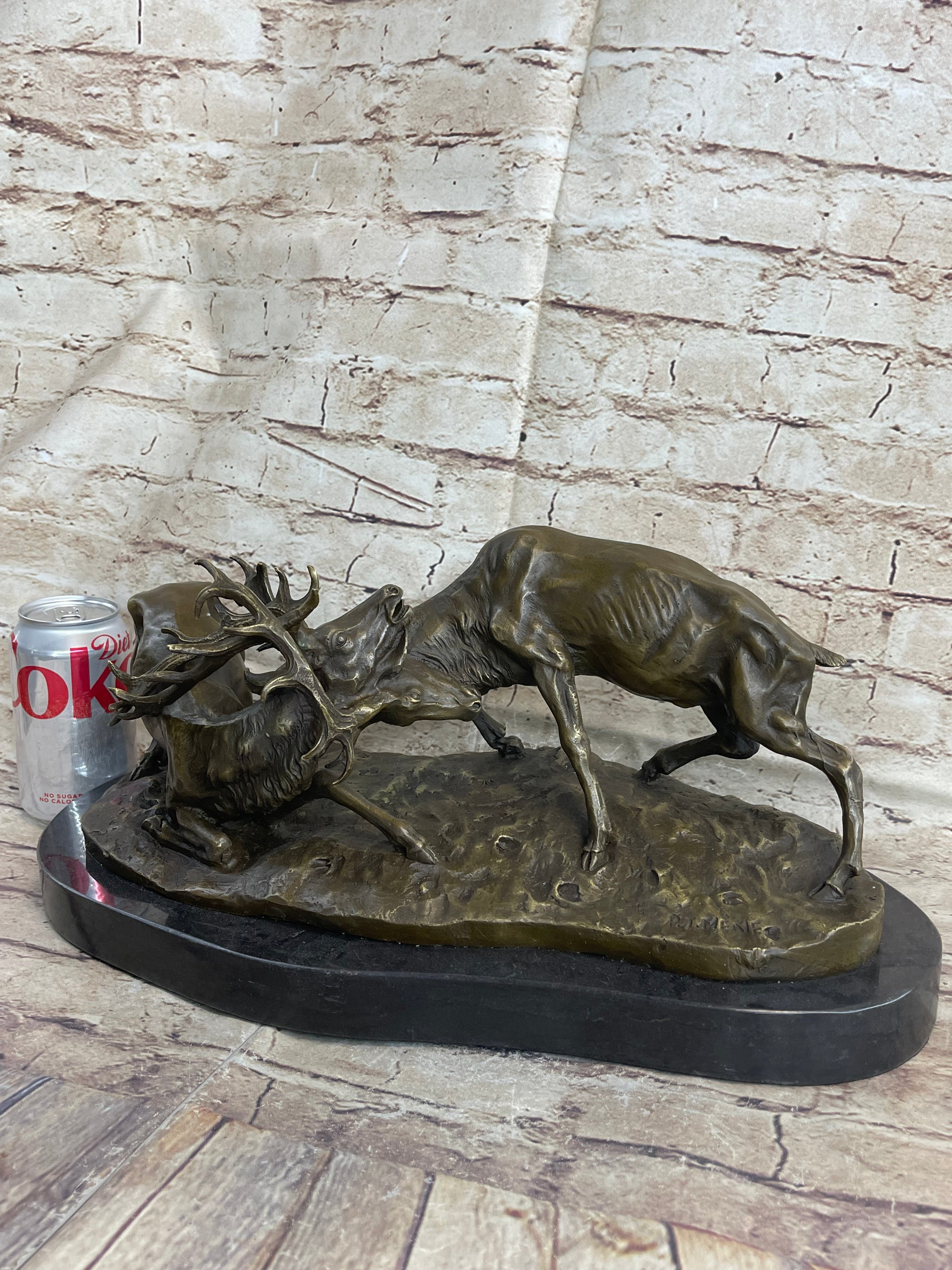Jules Mene Stags Reindeer Elk Confrontation Bronze Marble Base