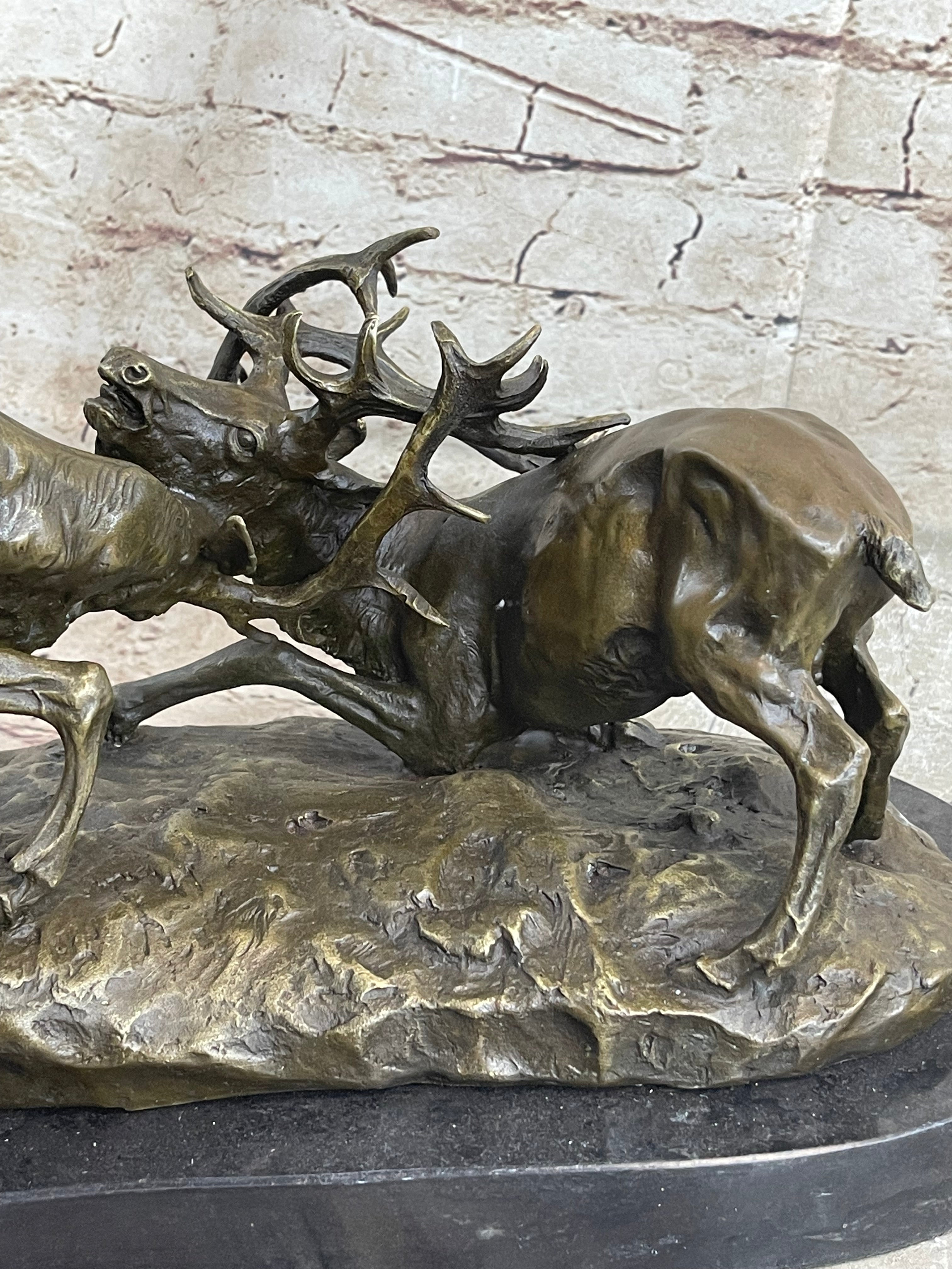 Jules Mene Stags Reindeer Elk Confrontation Bronze Marble Base