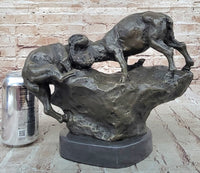 Two Rams Butting Heads Bronze Sculpture Signed Art on Marble