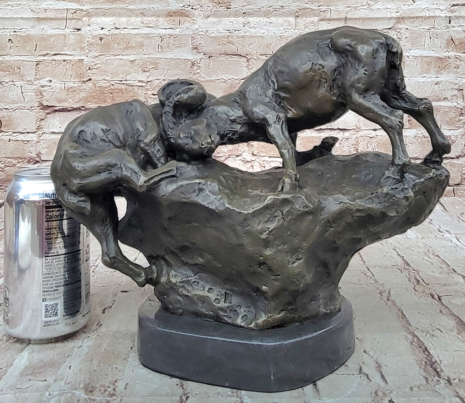 Two Rams Butting Heads Bronze Sculpture Signed Art on Marble
