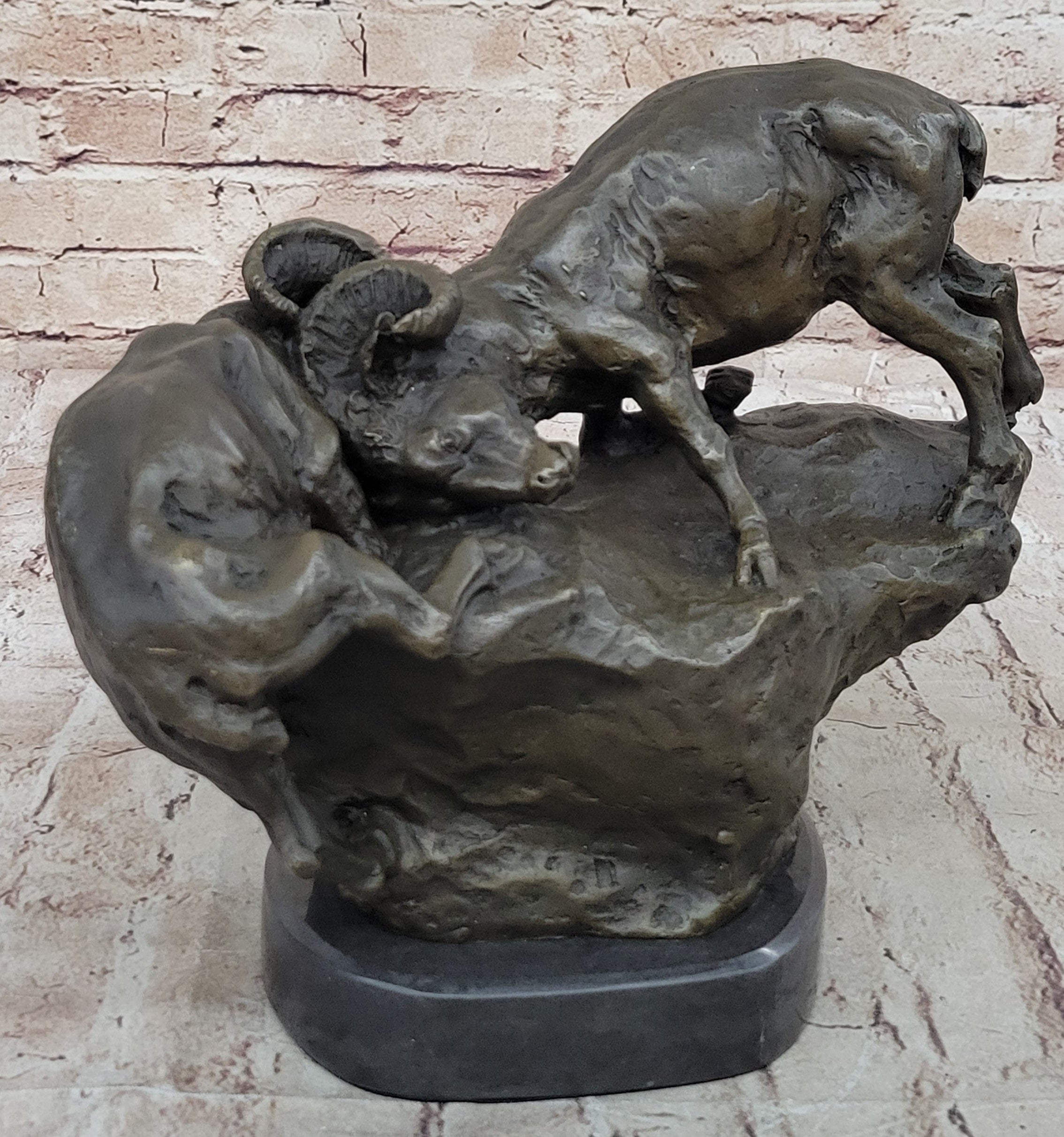 Two Rams Butting Heads Bronze Sculpture Signed Art on Marble
