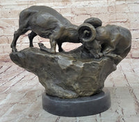 Two Rams Butting Heads Bronze Sculpture Signed Art on Marble