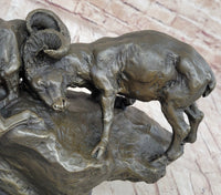 Two Rams Butting Heads Bronze Sculpture Signed Art on Marble