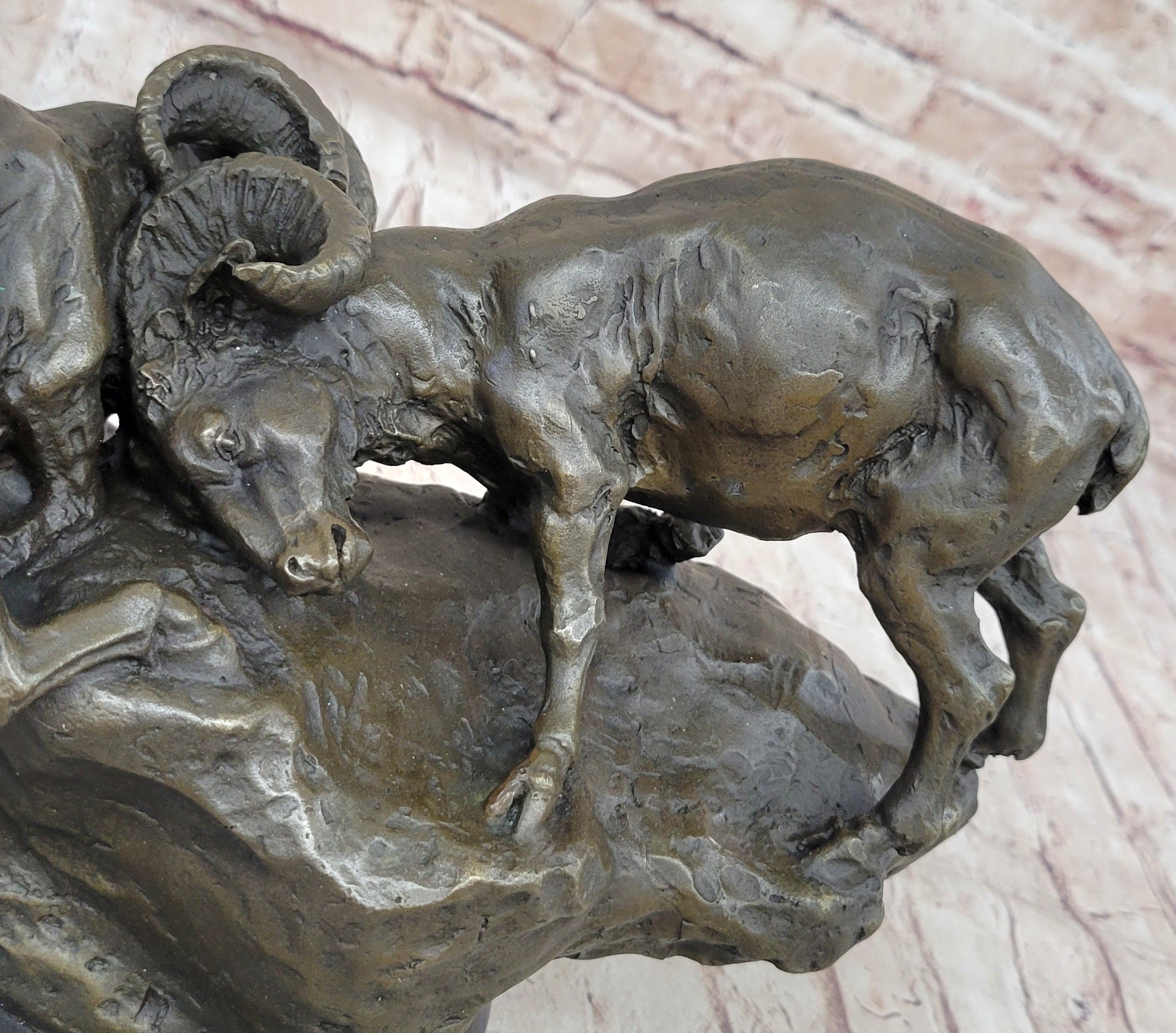 Two Rams Butting Heads Bronze Sculpture Signed Art on Marble