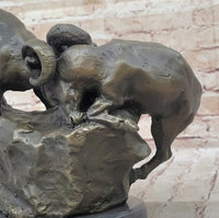 Two Rams Butting Heads Bronze Sculpture Signed Art on Marble