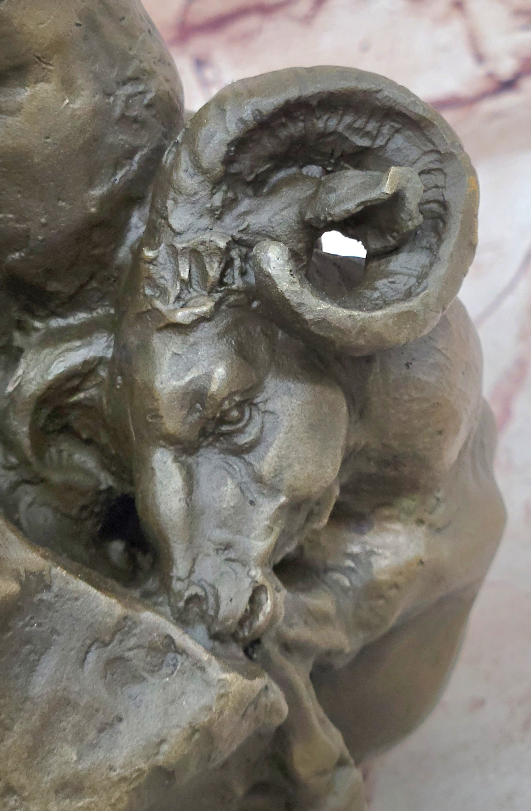 Two Rams Butting Heads Bronze Sculpture Signed Art on Marble