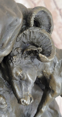 Two Rams Butting Heads Bronze Sculpture Signed Art on Marble