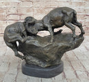 Two Rams Butting Heads Bronze Sculpture Signed Art on Marble