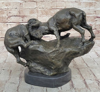 Two Rams Butting Heads Bronze Sculpture Signed Art on Marble