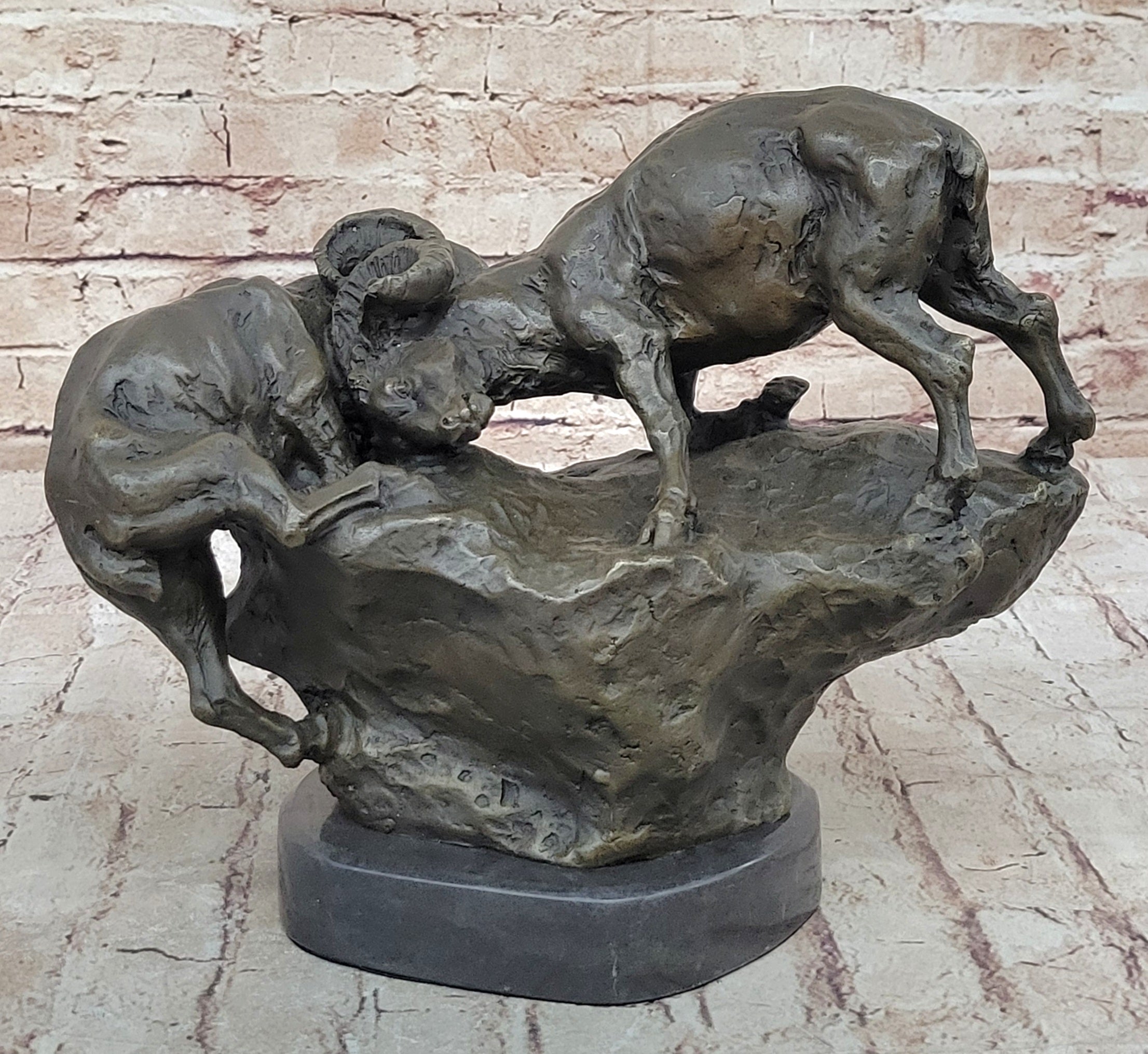 Two Rams Butting Heads Bronze Sculpture Signed Art on Marble