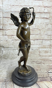 Nude Cupid w/ Bow & Arrow Sculpture Marble Base by Moreau
