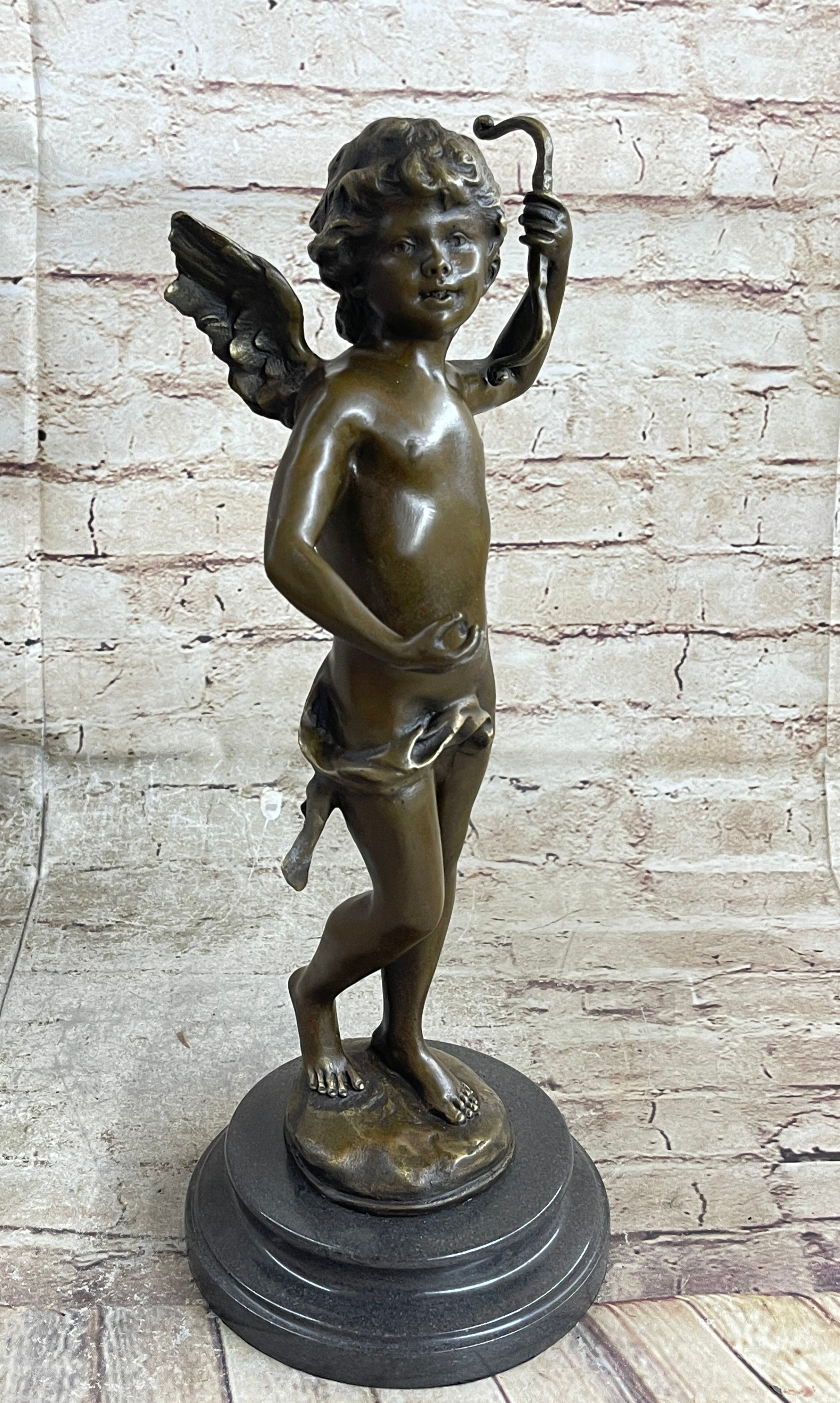 Nude Cupid w/ Bow & Arrow Sculpture Marble Base by Moreau
