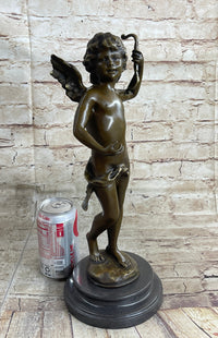 Nude Cupid w/ Bow & Arrow Sculpture Marble Base by Moreau