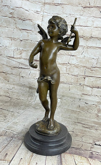 Nude Cupid w/ Bow & Arrow Sculpture Marble Base by Moreau