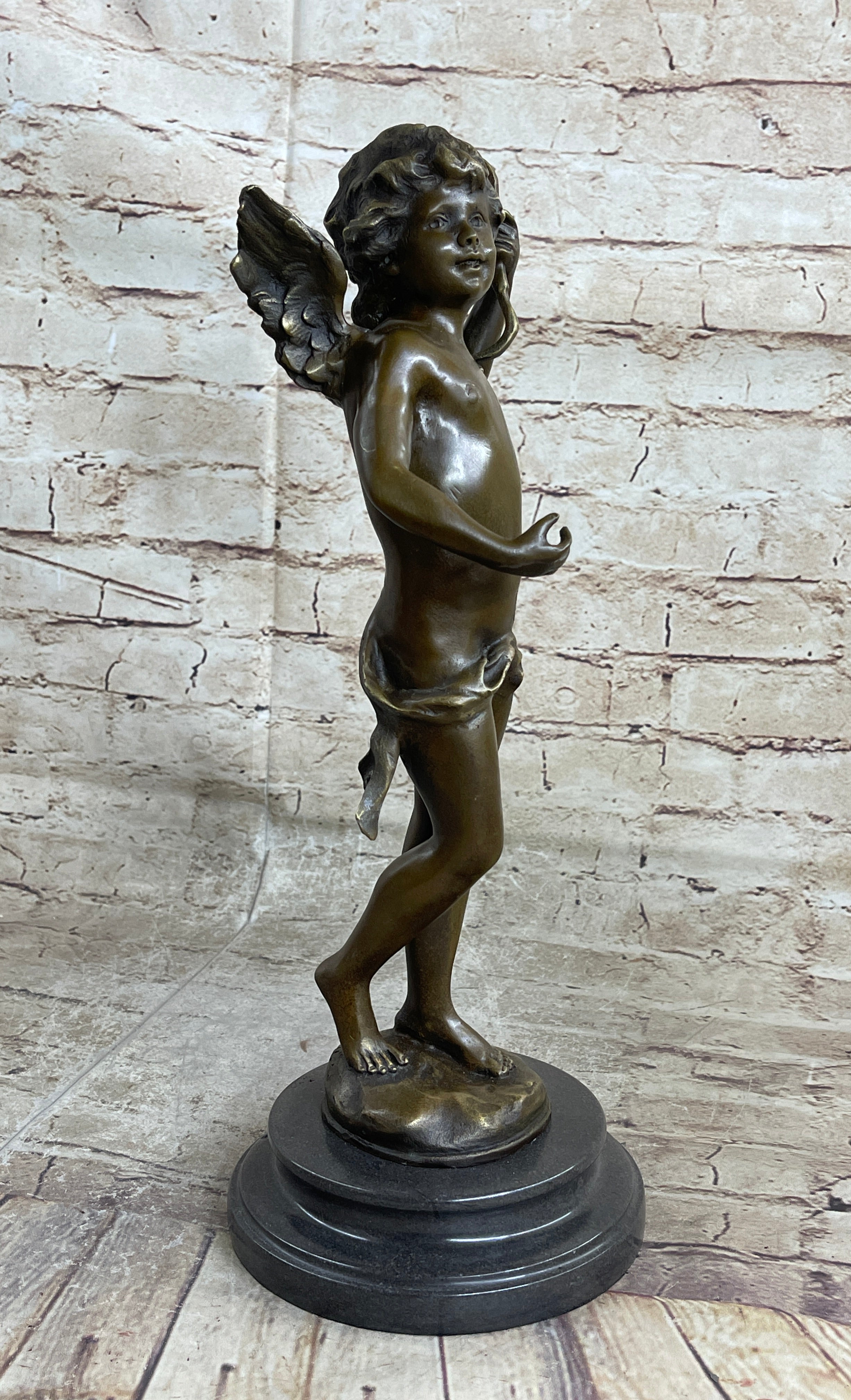 Nude Cupid w/ Bow & Arrow Sculpture Marble Base by Moreau