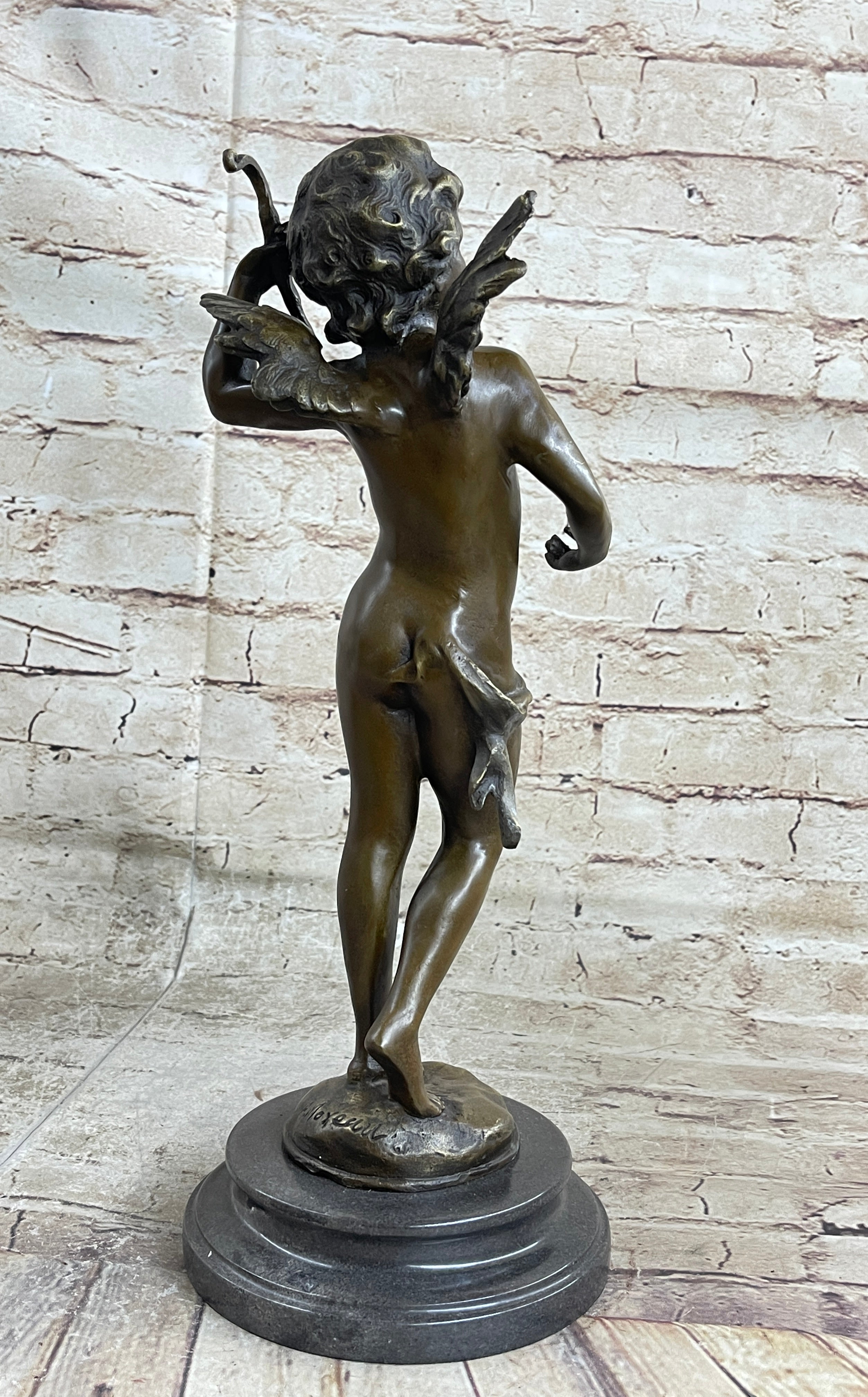 Nude Cupid w/ Bow & Arrow Sculpture Marble Base by Moreau