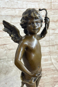 Nude Cupid w/ Bow & Arrow Sculpture Marble Base by Moreau