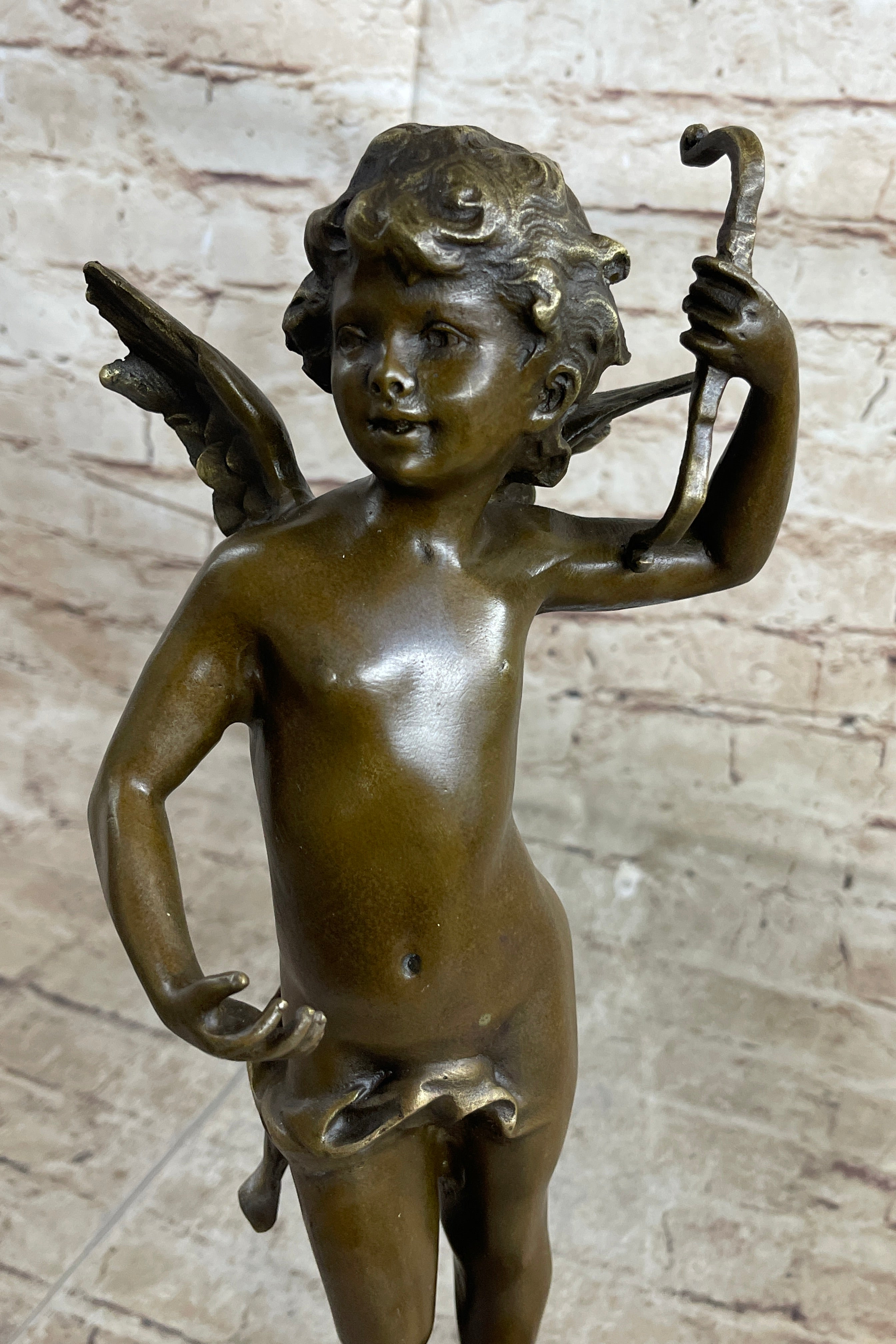 Nude Cupid w/ Bow & Arrow Sculpture Marble Base by Moreau