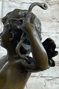 Nude Cupid w/ Bow & Arrow Sculpture Marble Base by Moreau