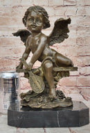 Bronze Cherub Putti Angel with Mandolin on Marble Base