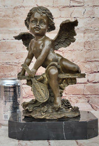 Bronze Cherub Putti Angel with Mandolin on Marble Base