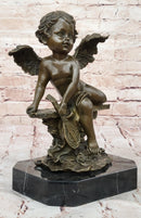Bronze Cherub Putti Angel with Mandolin on Marble Base