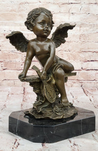 Bronze Cherub Putti Angel with Mandolin on Marble Base