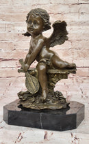 Bronze Cherub Putti Angel with Mandolin on Marble Base