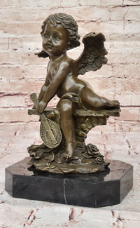 Bronze Cherub Putti Angel with Mandolin on Marble Base