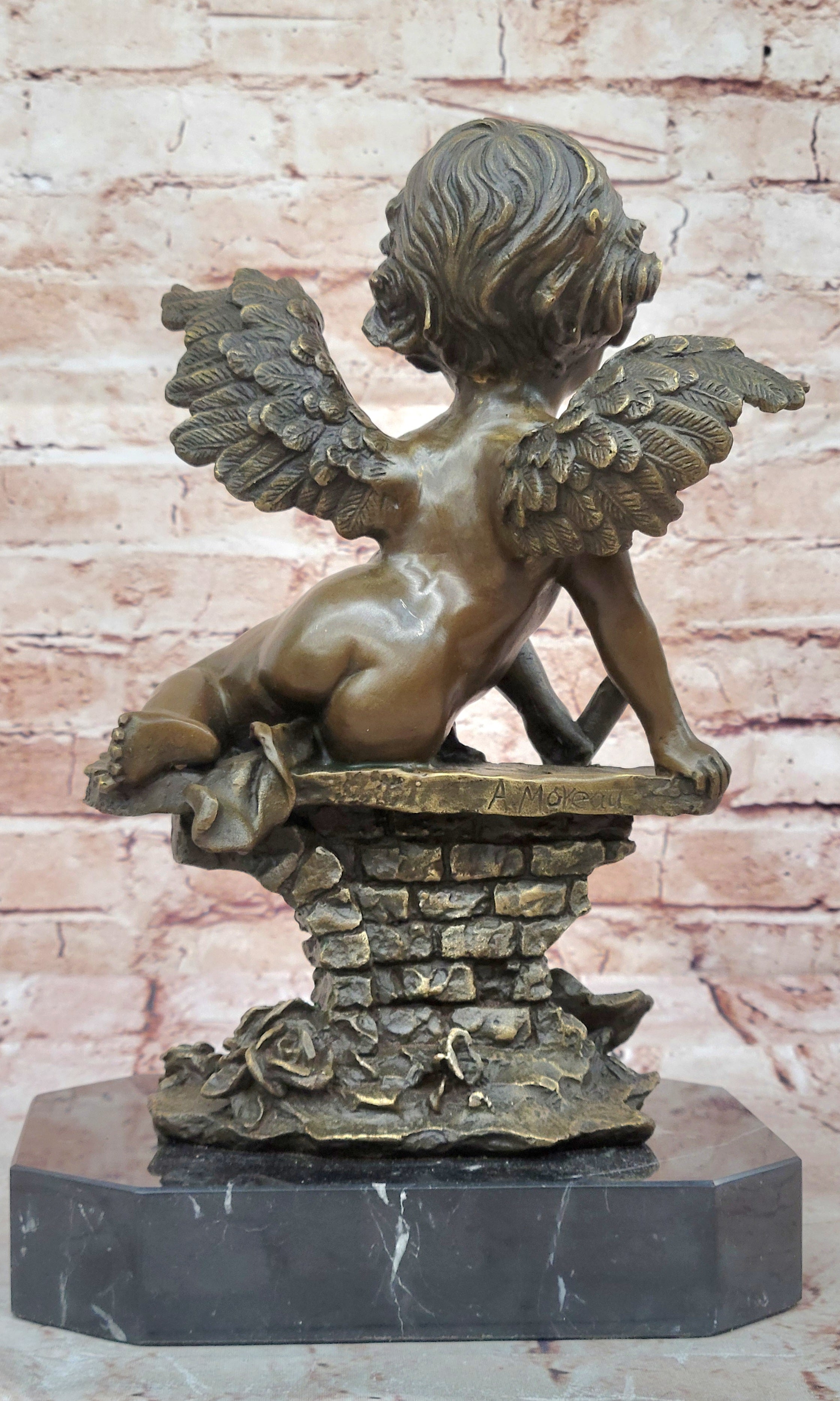 Bronze Cherub Putti Angel with Mandolin on Marble Base