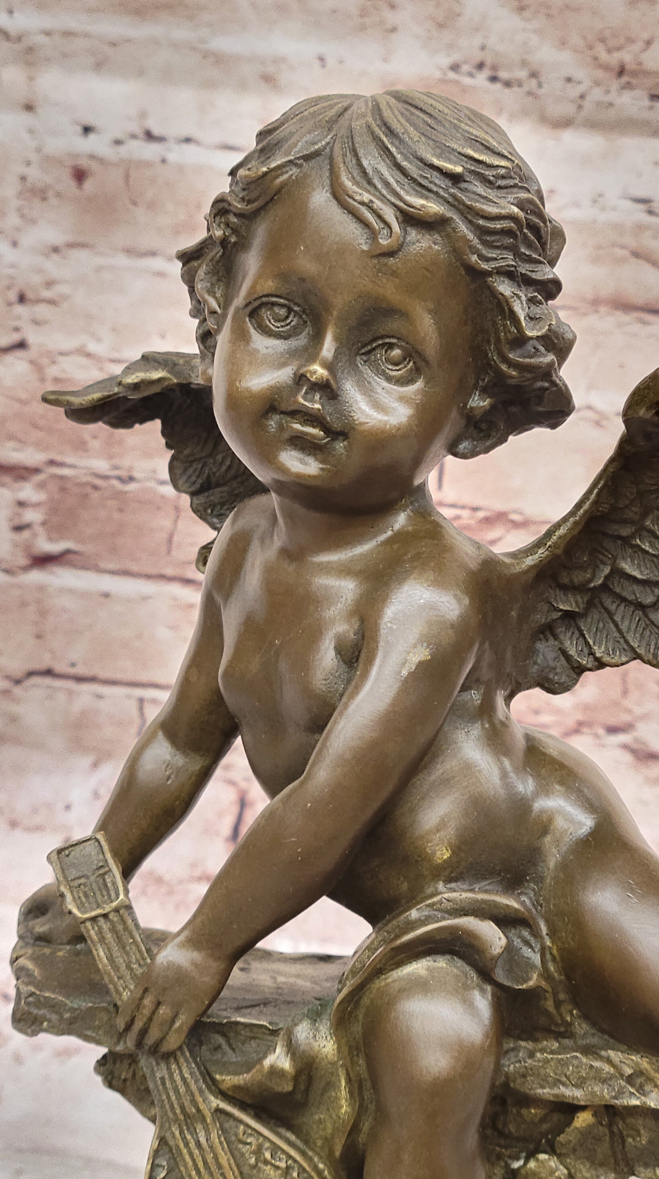 Bronze Cherub Putti Angel with Mandolin on Marble Base