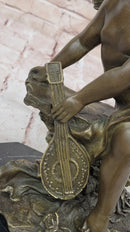 Bronze Cherub Putti Angel with Mandolin on Marble Base