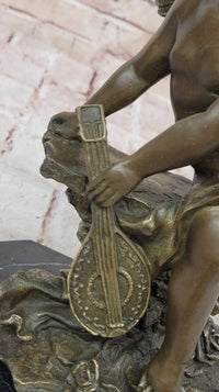 Bronze Cherub Putti Angel with Mandolin on Marble Base