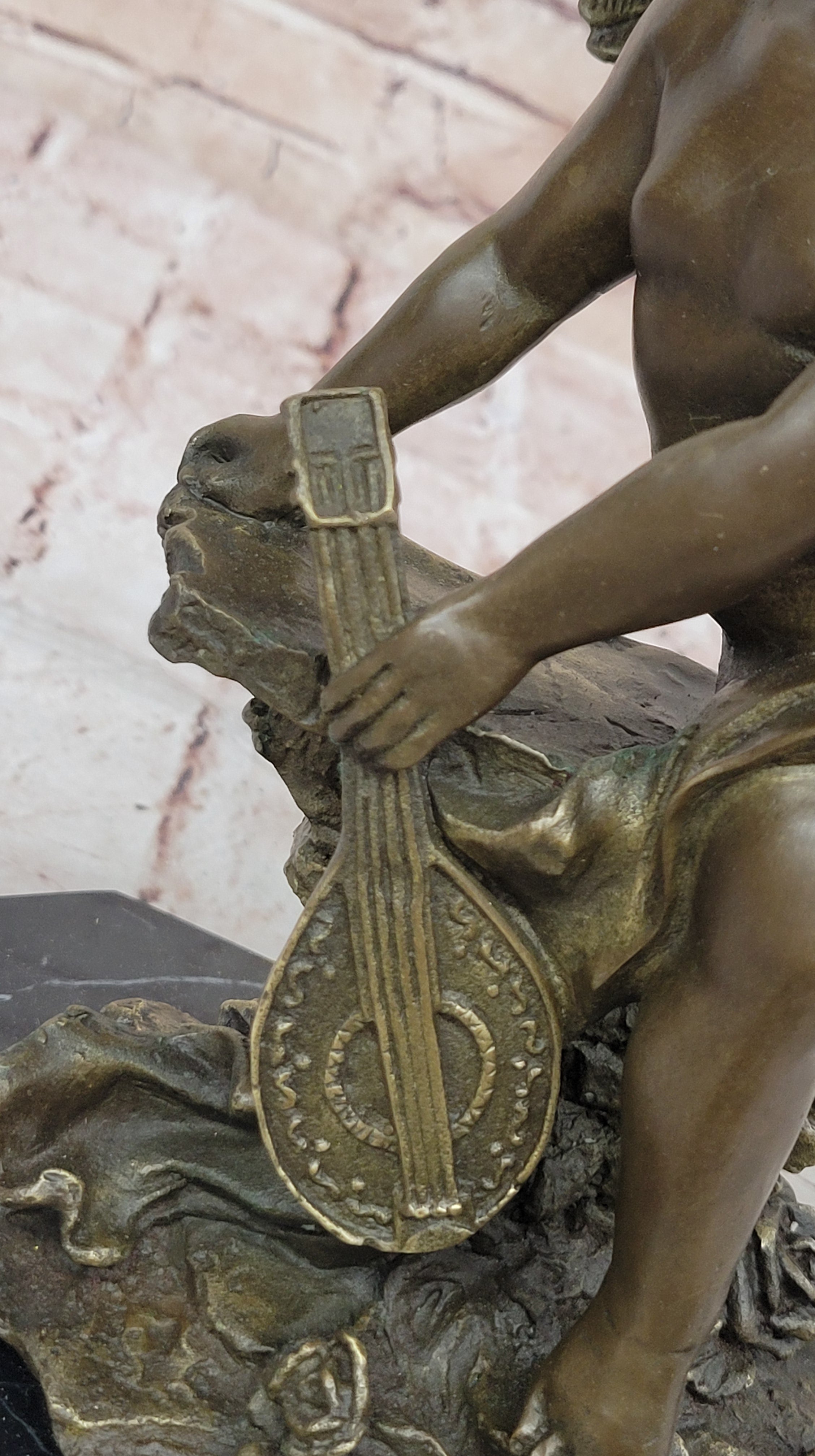 Bronze Cherub Putti Angel with Mandolin on Marble Base