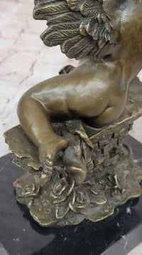 Bronze Cherub Putti Angel with Mandolin on Marble Base