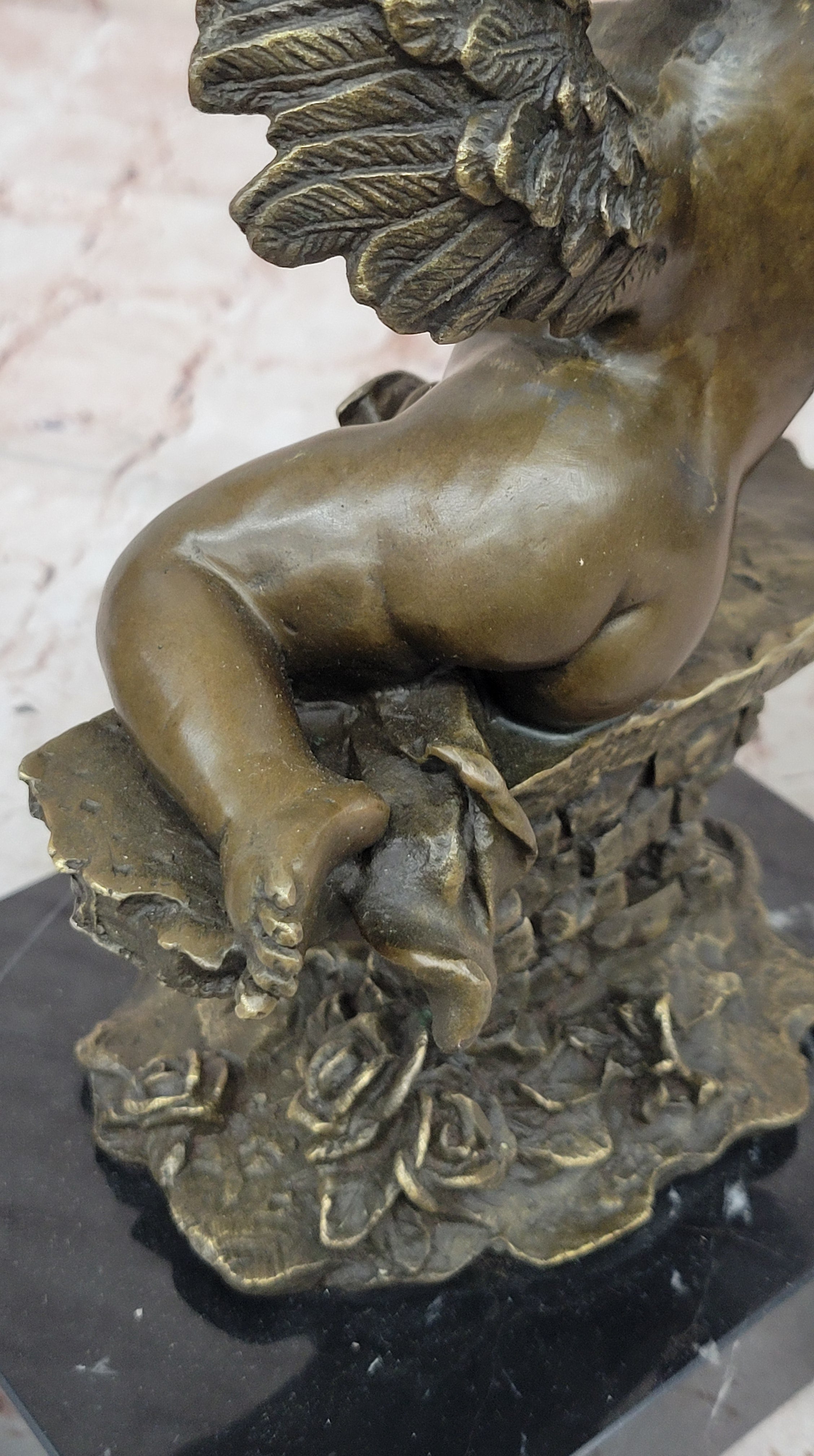Bronze Cherub Putti Angel with Mandolin on Marble Base