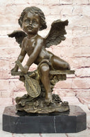 Bronze Cherub Putti Angel with Mandolin on Marble Base